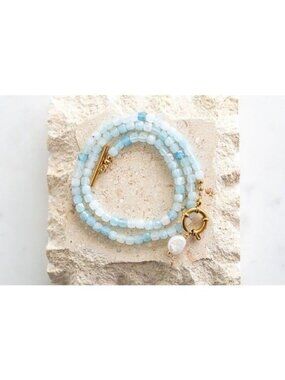 Aquamarine Gemstone Necklace with gold toggle clasp and removeable baroque pearl
